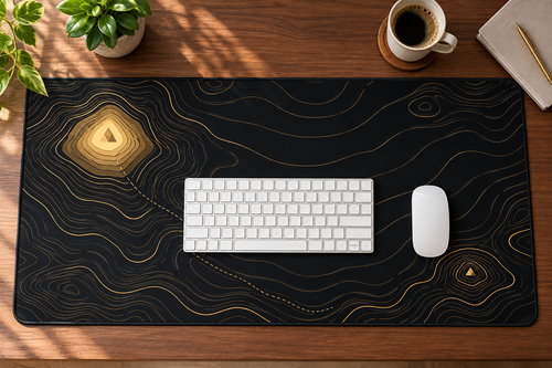 Summit Gold desk mat on a desk setup, overhead view