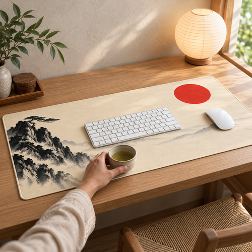 Vermilion Sun desk mat in use on a desk
