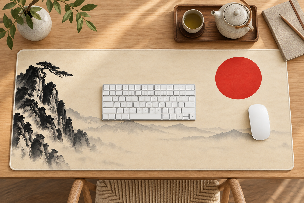 Vermilion Sun desk mat on a desk setup, overhead view