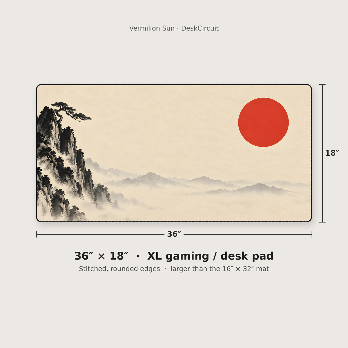 Vermilion Sun desk mat 36x18 in size, stitched rounded edges