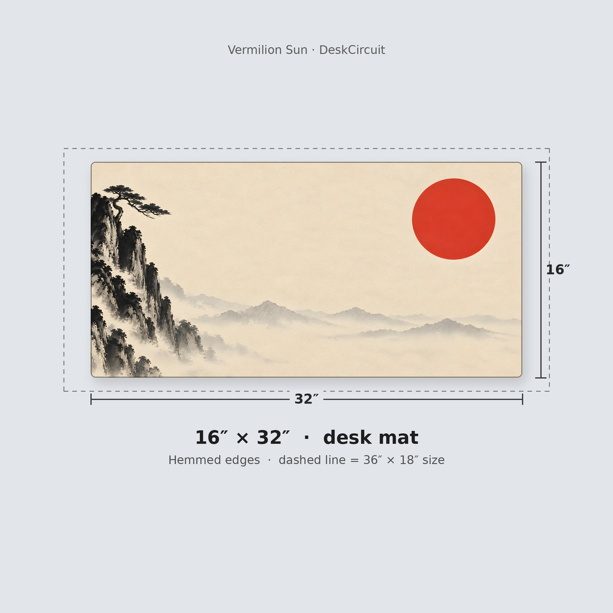 Vermilion Sun desk mat 16x32 in size, hemmed edges